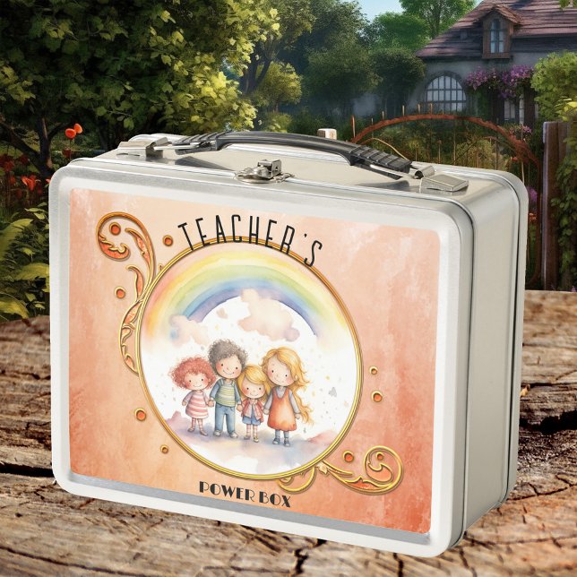 Cute Kids Terra Cotta Rainbow Teacher Metal Lunch Box (Lunch Box featuring a cute watercolor painting of children holding hands under the rainbow.)