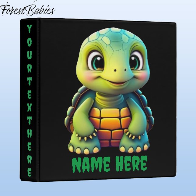 Cute Kid's Tortoise Turtle Animal Cartoon Graphic 3 Ring Binder (Tortoise, Black ForestBabies Binder Front/Spine)