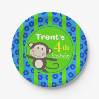Cute Kids Toy Monkey Birthday Party | blue green Paper Plates