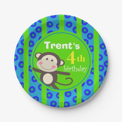 Cute Kids Toy Monkey Birthday Party  blue green Paper Plates