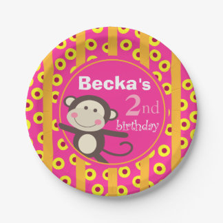 Cute Kids Toy Monkey Birthday | pumpkin fuchsia Paper Plates