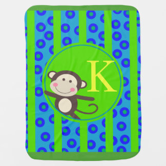 Cute Kids Toy Monkey Monogram | blue green Baby Blanket