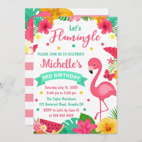 Cute Kids Tropical Flamingo Summer Birthday Invitation