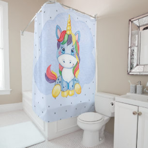 Cute Kids Unicorn Rainbow Hair Baby Blue Shower Curtain