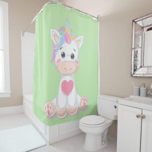 Cute Kids Unicorn Rainbow Horn Mint Green Shower Curtain