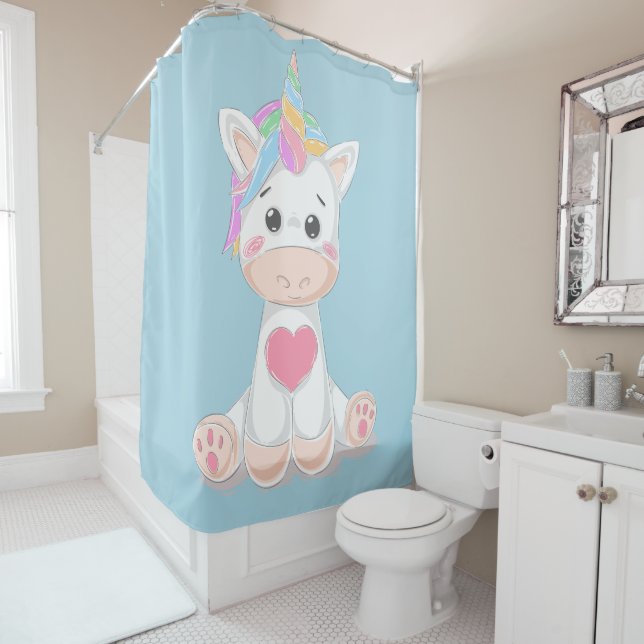 Cute Kids Unicorn Rainbow Horn Pale Blue Shower Curtain (In Situ)