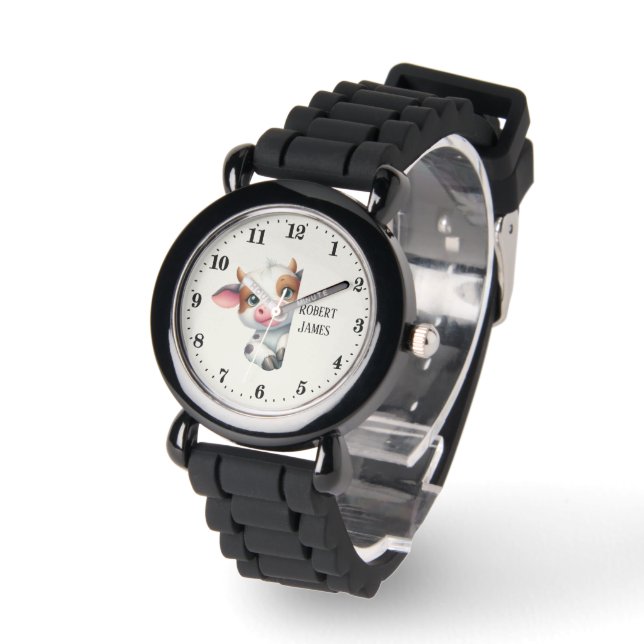 Cute kids unisex cow peeking add name watch (Angle)