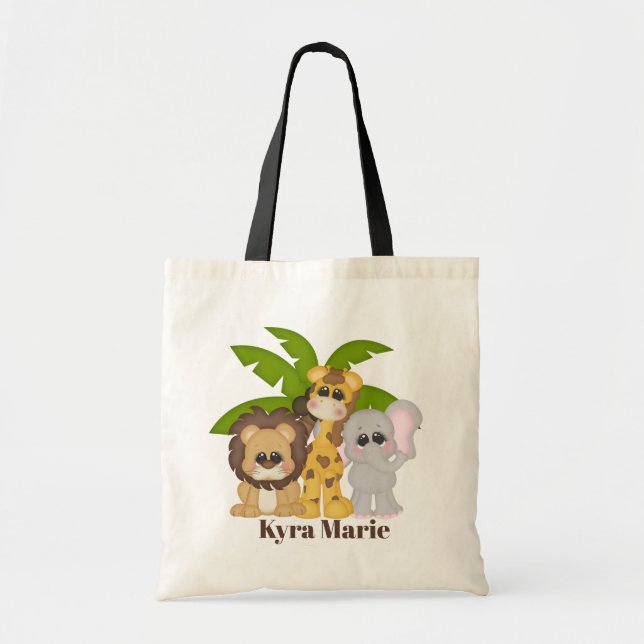 Cute kids unisex jungle animals add name tote bag (Front)