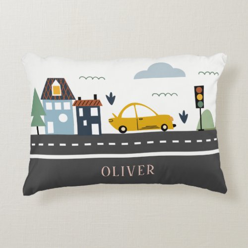 Cute Kids Urban City Vehicle Cars Road Cityscape Accent Pillow