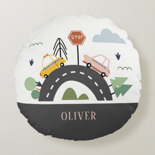 Cute Kids Urban City Vehicle Cars Road Cityscape Round Pillow