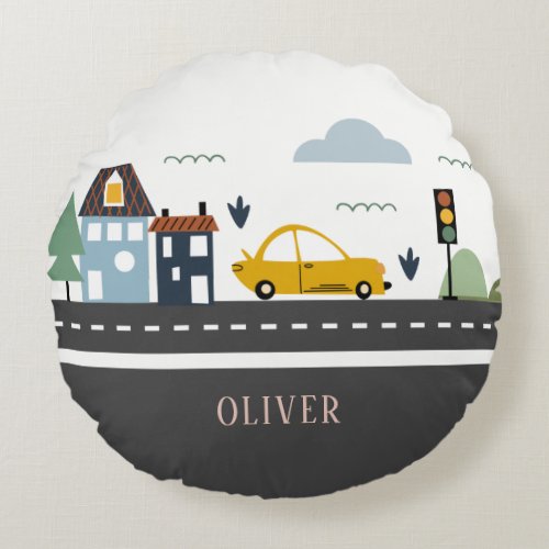 Cute Kids Urban City Vehicle Cars Road Cityscape Round Pillow