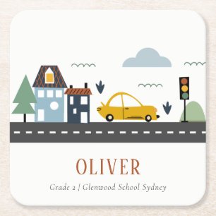 Cute Kids Urban City Vehicle Cars Road Cityscape Square Paper Coaster
