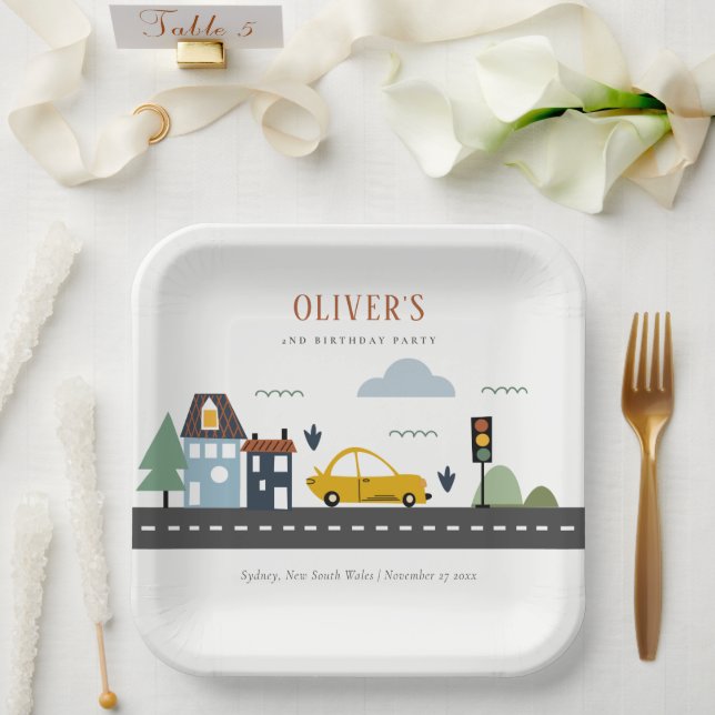 Cute Kids Urban Vehicle Cars Road Any Age Birthday Paper Plates (Wedding)