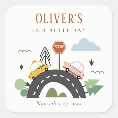 Cute Kids Urban Vehicle Cars Road Any Age Birthday Square Sticker