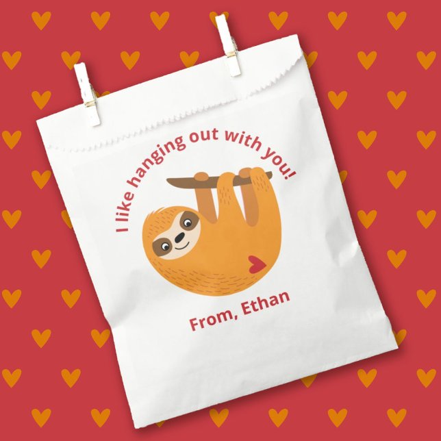 Cute Kids Valentine School Classroom Favor Bag (A cute kids classroom Valentines Day treat bag featuring a cute sloth)