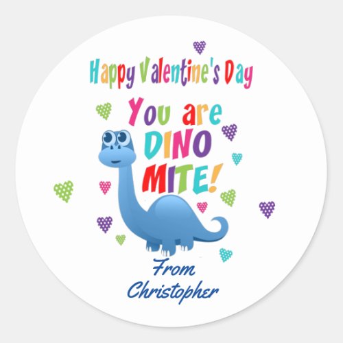 Cute Kids Valentines Day Classroom Dinosaur Gift Classic Round Sticker