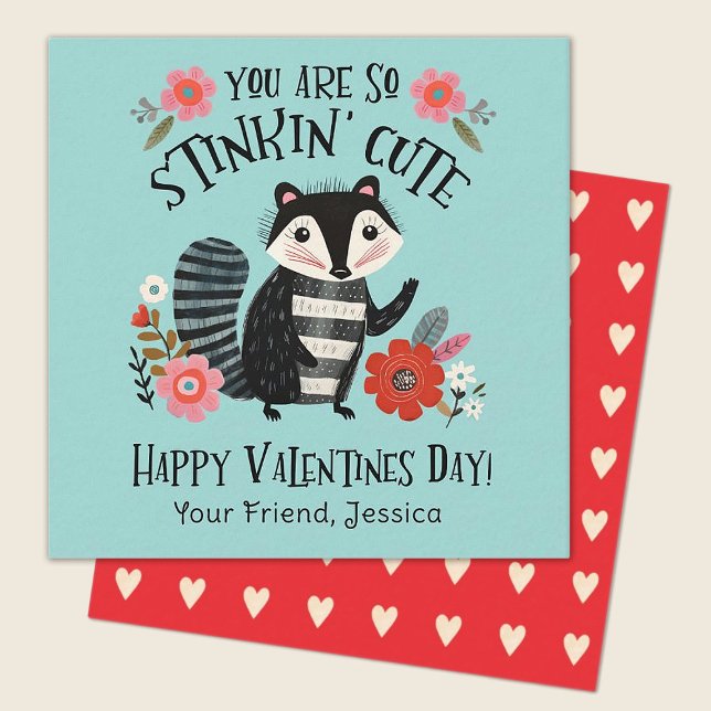 Cute Kids Valentines Day Stinkin Cute Skunk Note Card (Stinkin Cute skunk valentine.  perfect for a kids classroom exhange. Personalize it today!)