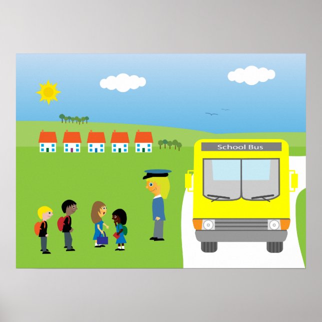 Cute Kids Waiting To Get On School Bus Poster (Front)