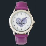 Cute Kid's watch with purple heart and girls name<br><div class="desc">Cute Kid's watch with girly purple heart and childs name. Personalizable wrist watches for boys and girlie girls. Cute personalized Birthday gift idea for children or grandchildren like granddaughter. Elegant script text.</div>