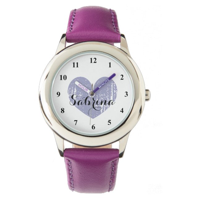 Cute Kid's watch with purple heart and girls name (Front)