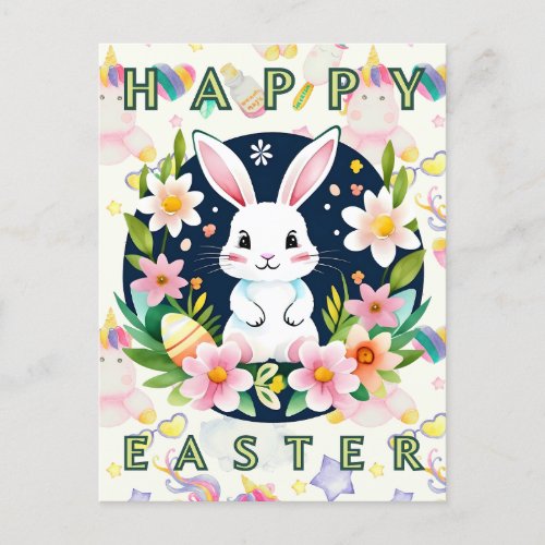 Cute Kids Watercolor Floral Bunny Egg Happy Easter Holiday Postcard