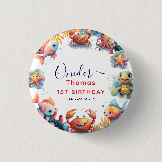 Cute Kids Watercolor Oneder the Sea 1st Birthday Button (Front)