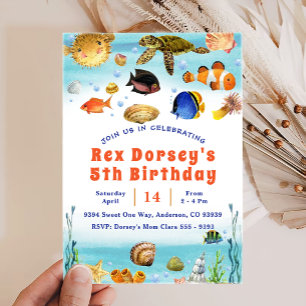 Cute Kids Watercolor Oneder the Sea 1st Birthday Invitation