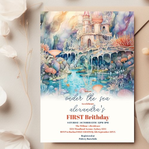 Cute Kids Watercolor Oneder the Sea 1st Birthday Invitation