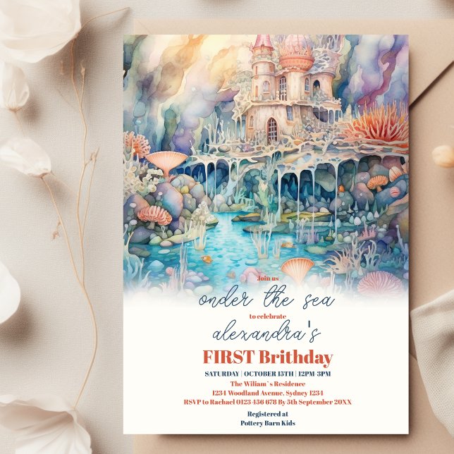 Cute Kids Watercolor Oneder the Sea 1st Birthday Invitation (Creator Uploaded)