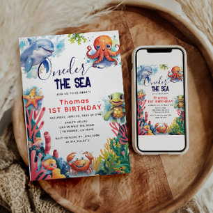 Cute Kids Watercolor Oneder the Sea 1st Birthday Invitation