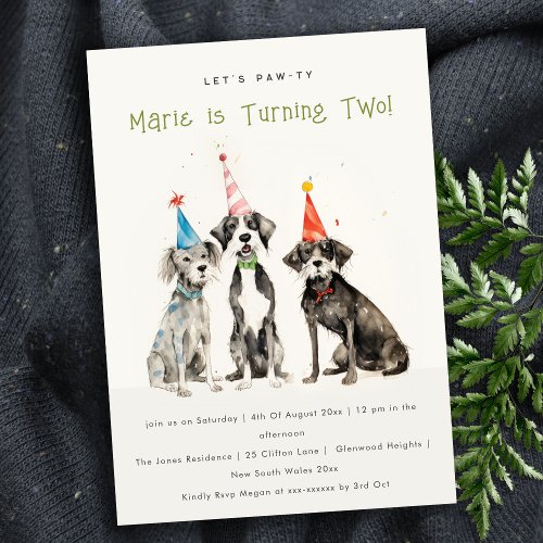 Cute Kids Watercolor Pawty Dog Birthday Party Invitation