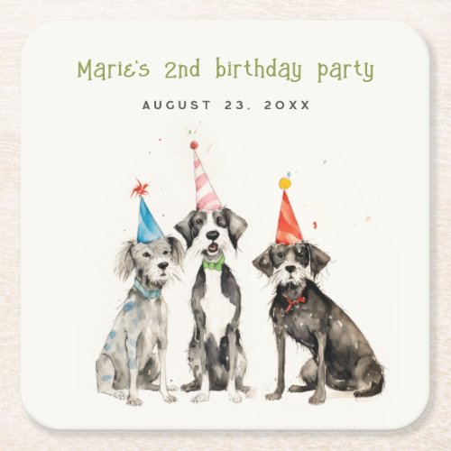 Cute Kids Watercolor Pawty Dog Birthday Party Square Paper Coaster