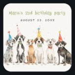 Cute Kids Watercolor Pawty Dog Birthday Party Square Sticker<br><div class="desc">For any further customisation or any other matching items,  please feel free to contact me at yellowfebstudio@gmail.com</div>