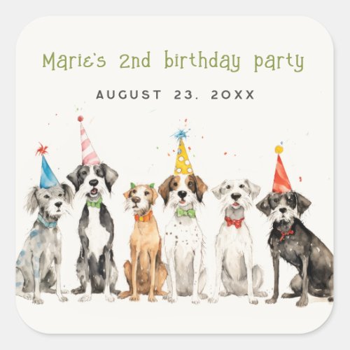 Cute Kids Watercolor Pawty Dog Birthday Party Square Sticker