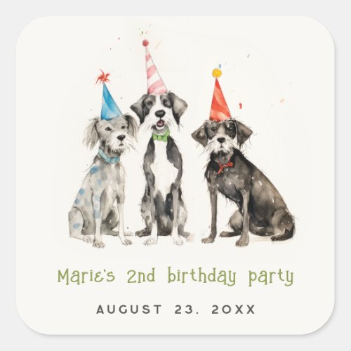 Cute Kids Watercolor Pawty Dog Birthday Party Square Sticker