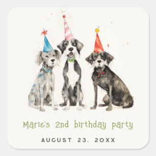 Cute Kids Watercolor Pawty Dog Birthday Party Square Sticker