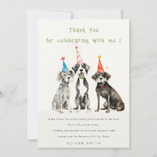 Cute Kids Watercolor Pawty Dog Birthday Party Thank You Card