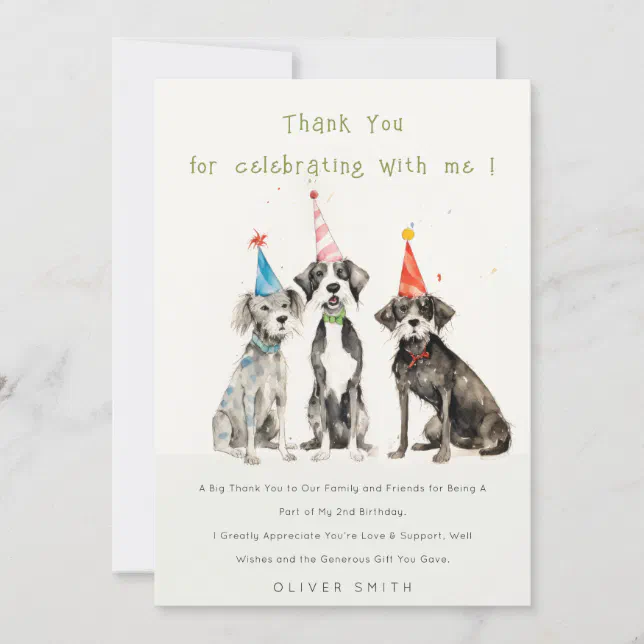 Cute Kids Watercolor Pawty Dog Birthday Party Thank You Card | Zazzle