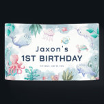 Cute Kids Watercolor Under the Sea 1st Birthday Banner<br><div class="desc">Cute 'Under the Sea' themed kids 1st birthday Banner. Design features adorable watercolor illustrations of a cute turtle,  star fish,  whale,  octopus,  shark,  jelly fish,  snails and botanical ocean foliage. This custom birthday banner is perfect for beach,  summer and pool birthday parties. Personalize by adding name,  age and date.</div>