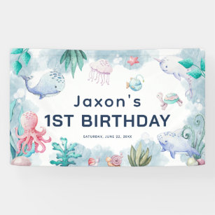 Cute Kids Watercolor Under the Sea 1st Birthday Banner