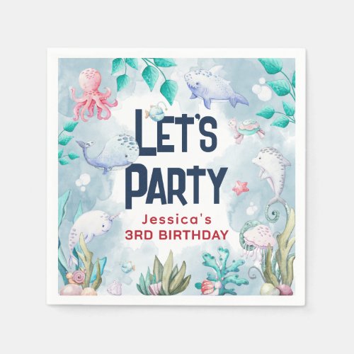Cute Kids Watercolor Under the Sea Birthday Party Napkins