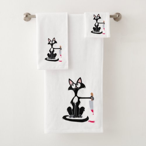 Cute killer cat with a bloody knife  bath towel set