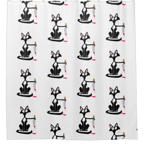 Cute killer cat with a bloody knife  shower curtain