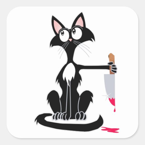Cute killer cat with a bloody knife  square sticker