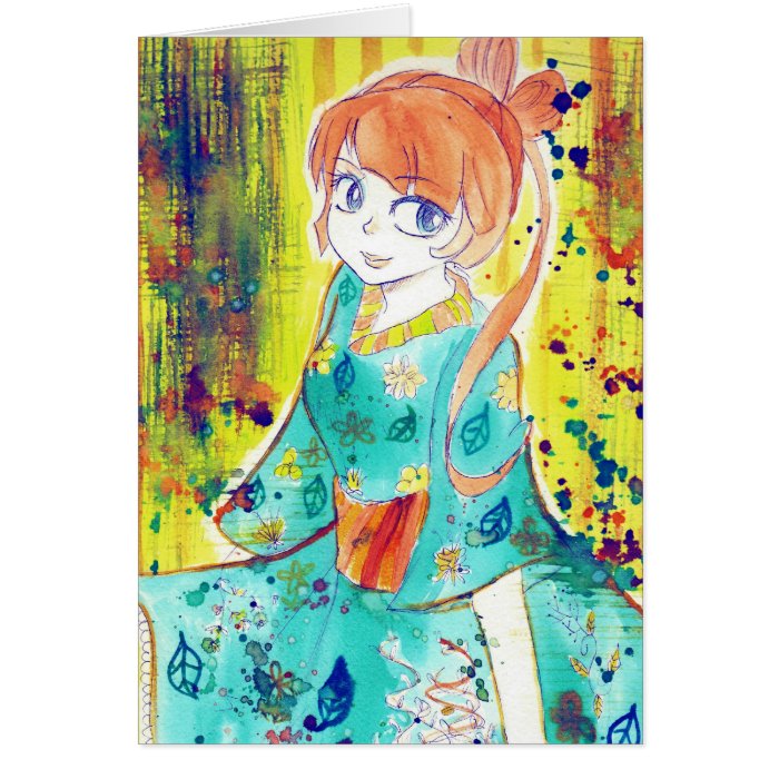 Cute Kimono Girl Watercolor Painting Cards