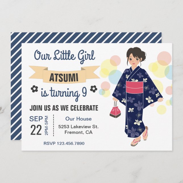 Cute Kimono Japanese Girl Birthday Party Invite (Front/Back)