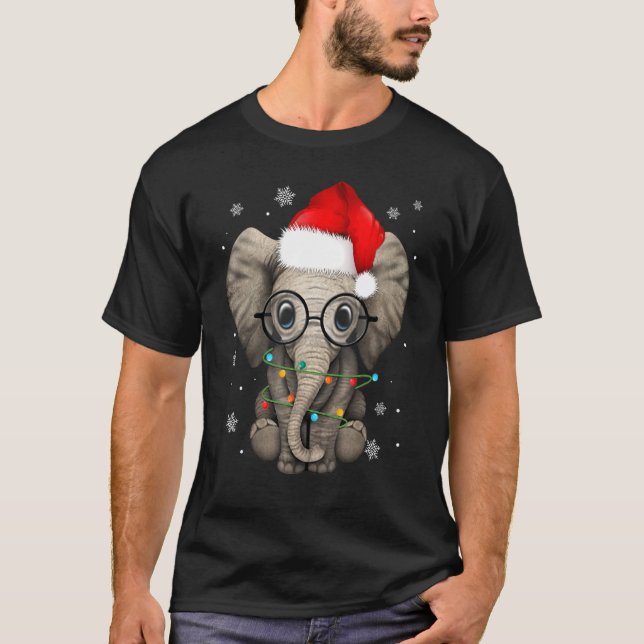 Cute Kind Elephant Christmas Light Santa Hat Eleph T-Shirt (Front)