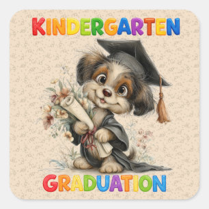 Cute Kindergarten Graduation Puppy Illustration Square Sticker