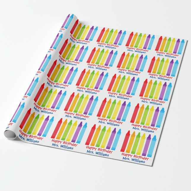Cute Kindergarten Teacher Custom Crayon Birthday Wrapping Paper (Unrolled)
