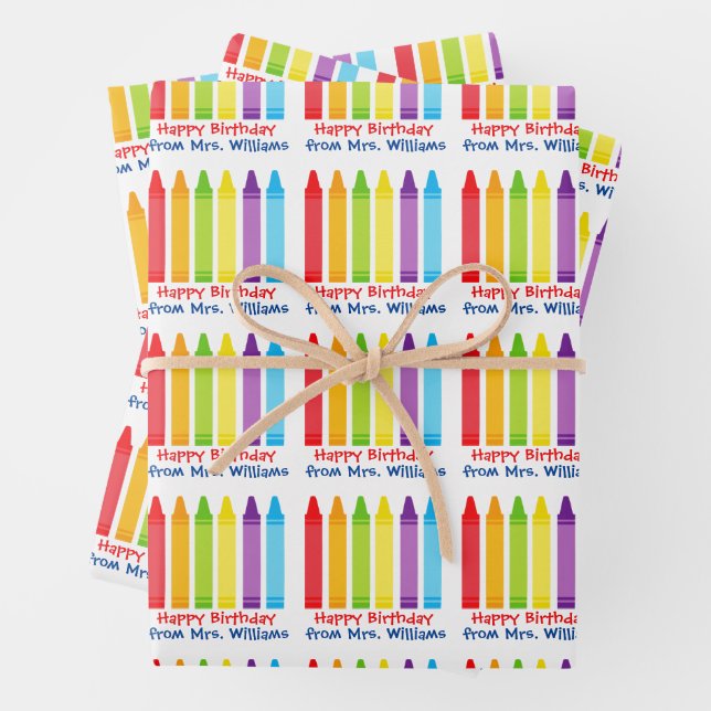 Cute Kindergarten Teacher Custom Crayon Birthday Wrapping Paper Sheets (In situ)